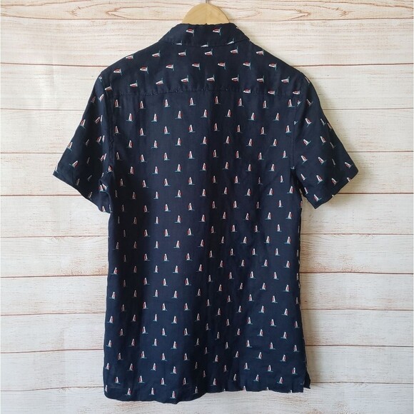 Onia 100% Linen Samuel Embroidered Sailboat Short Sleeve Buttondown Blue Shirt - Picture 8 of 12